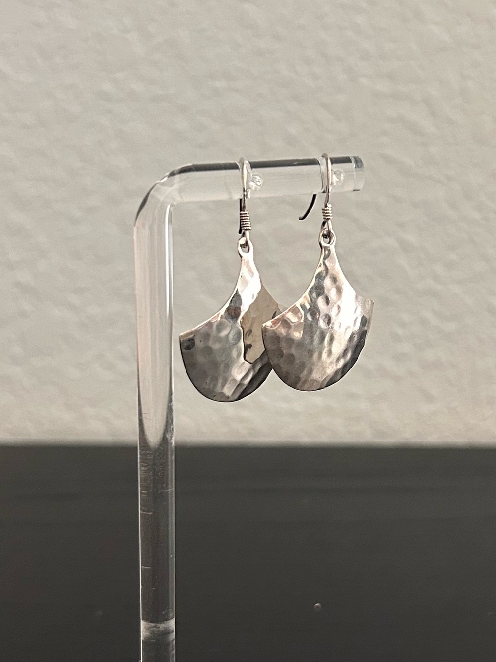 Hammered Silver Fan Dangle Earrings - Textured Silver Fan with 925 Ear Wires